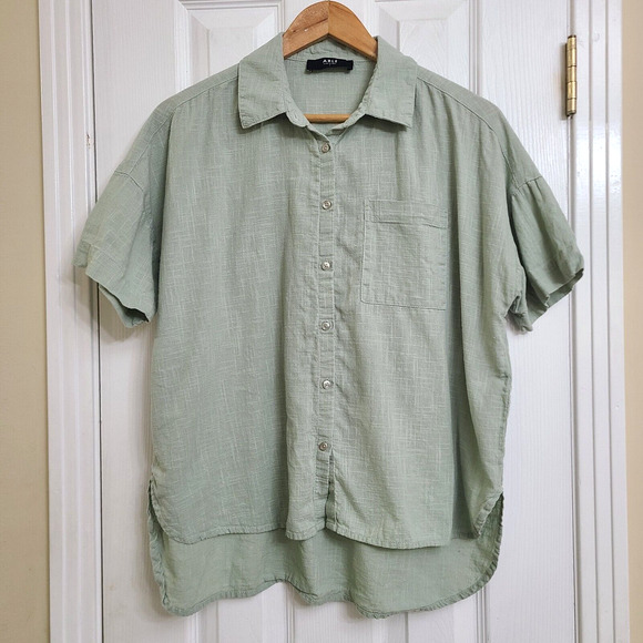 Able Tops - Able Short Sleeve Oversized Button Up Top Green Boho Chic Womens Size S